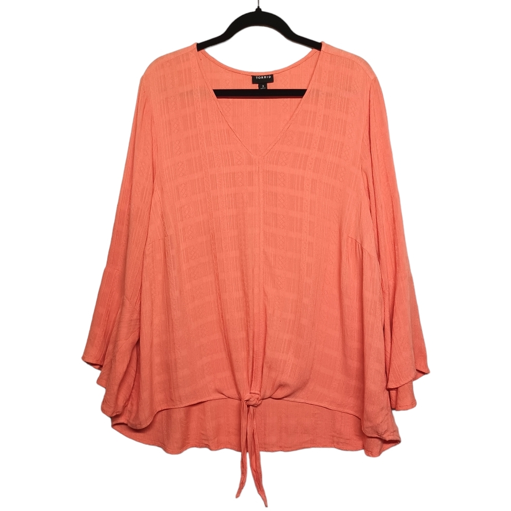TORRID Coral Orange Geometric Stripe Print Front Tie Long Flare Sleeve Top 3X